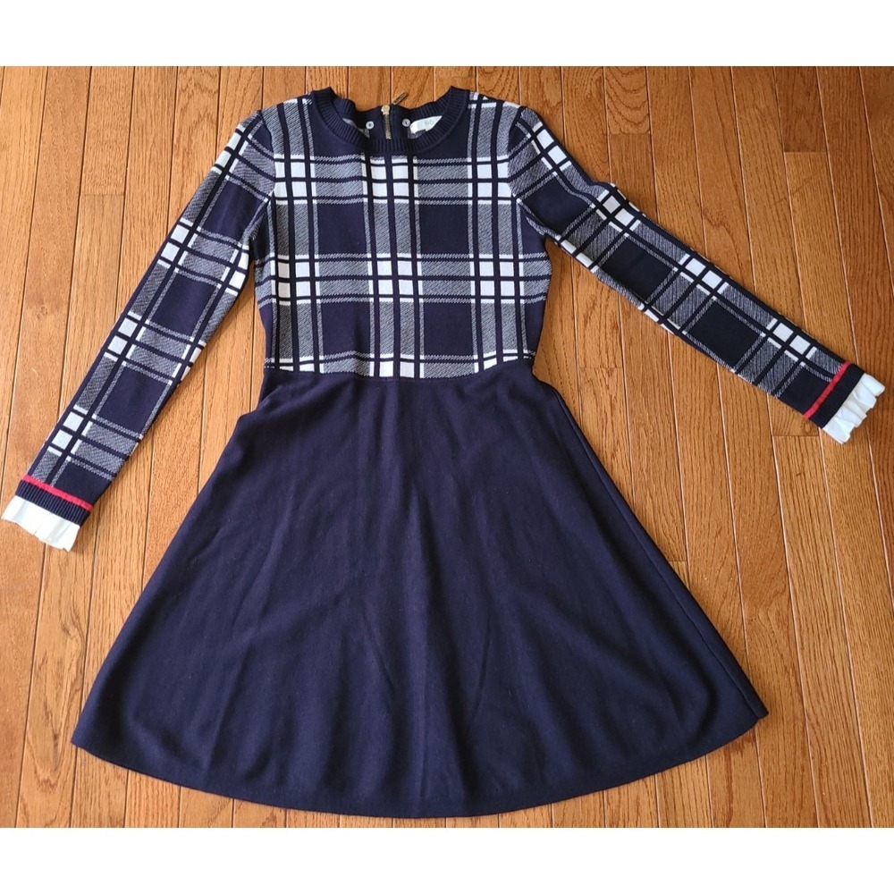 1901 Women Navy Flare Midi Dress Ruffle Cuffs Plaid Top Navy Preppy Classic PM